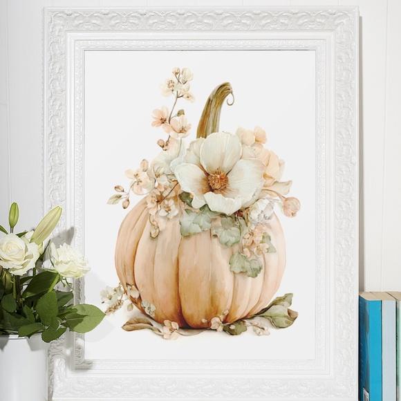 Watercolor Pumpkin with Flowers Wall Art Print Unframed - Cozy Autumn Elegance - Picture 7 of 7